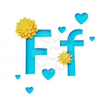 Paper cut letter f with flowers, realistic 3d vector design