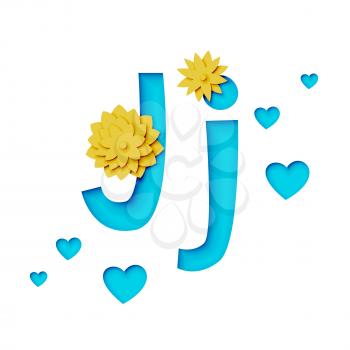 Paper cut letter j with flowers, realistic 3d vector design
