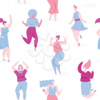 Woman dance, vector seamless pattern with dancing and jumping girls