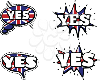 Fashion Patch Badge British Expressions, Yes Speech Bubbles. Set of Yes Stickers, Pins in Cartoon Comic Style.