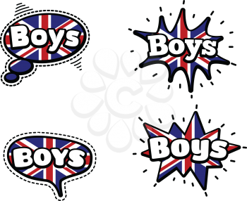 Fashion Patch Badge British Expressions, Boys Speech Bubbles. Set of Boys Stickers, Pins in Cartoon Comic Style.
