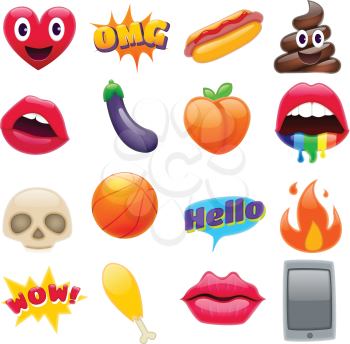 Set of Fantastic Smile Emoticons, Emoji Design Set. Bright Icons of Lips. Fire, Hello Expression, Cellphone, Eggplant, Peach, Hot Dog, Chicken Leg, Skulls. Stickers and Patches
