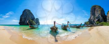 Panorama of  Traditional long tail boat on Ao Phra Nang Beach, Krabi, Thailand in a summer day
