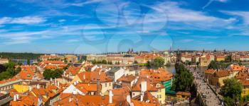 Panoramic aerial view of Charles Bridge in Prague in a beautiful summer day, Czech Republic
