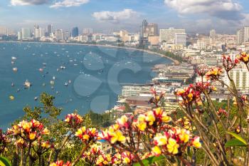 Panoramic aerial view of Pattaya Gulf, Thailand in a summer day