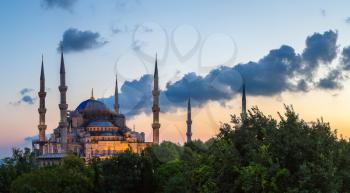 Panorama of Blue mosque (Sultan Ahmet mosque) in Istanbul, Turkey in a beautiful summer night