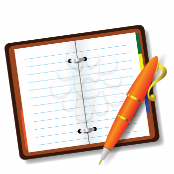 colorful illustration with pen and notebook on a white background