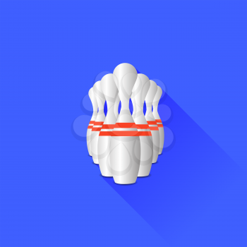 Bowling Pins Isolated on Blue Background. Flat Design. Long Shadow