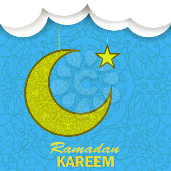 Ramadan Greetings Background. Ramadan Kareem Means Ramadan the Generous Month. Ramadan Greeting Card. Yellow Moon and Yellow Star on Blue Ornamental Background