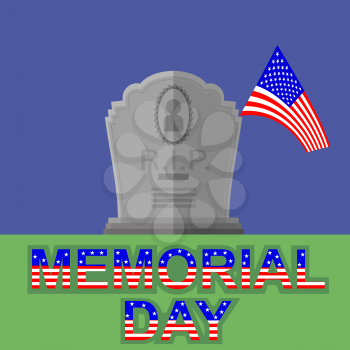 Flag of America Flying over Gravestone. Memorial Day Celebration Poster. Memorial Day American Flag. Memorial Day at the Cemetery.