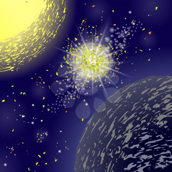 Yellow Explosion on Blue Space Background. Birth of a New Star