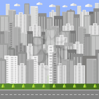City Background. Architectural Building in Panoramic View.  Urban Landscape and City Life. Flat Design.