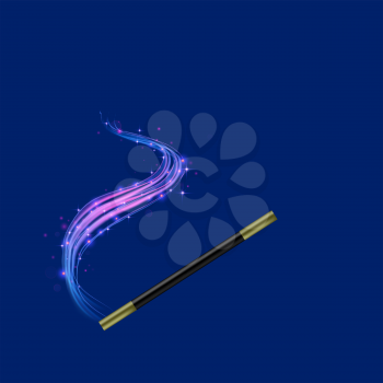 Realistic Magic Wand with Starry Lights on Blue Background
