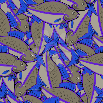 Fresh Fishes with Blue Fins and Tails. Seamless Sea Food Pattern