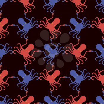 Colorful Octopus Icon Seamless Pattern Isolated on Black Background. Stilized Textured Design. Sea Food Template.