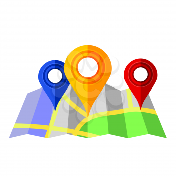 Colorful Markers Pointer with Paper  Road Map. GPS Navigator Location Icon.