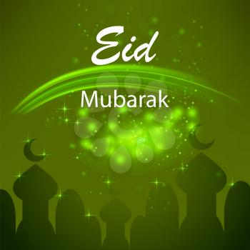 Happy Eid Mubarak Islamic Design on Green Starry Sky Background