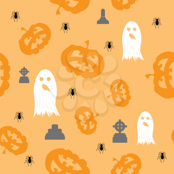 Halloween Decoration Seamless Pattern with Pumpkin Isolated on Orange Background.