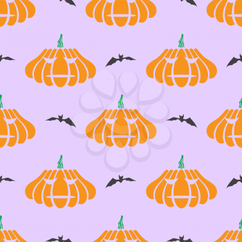 Halloween Decoration Seamless Pattern with Pumpkin and Bat Isolated on Purple Background.