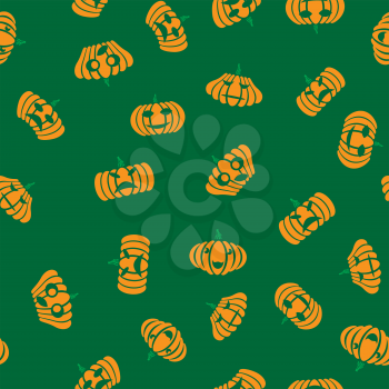 Halloween Decoration Seamless Pattern with Different Orange Natural Pumpkin Isolated on Green Background.