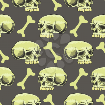 Old Human Skull Seamless Pattern on Grey Background.