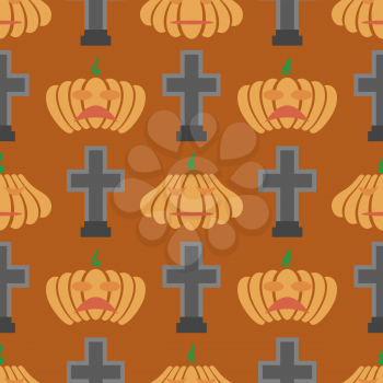 Halloween Decoration Seamless Pattern with Natural Pumpkin and Gravestone Isolated on Orange Background.