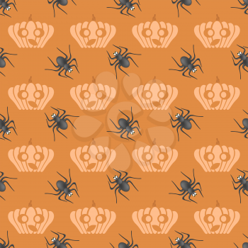Halloween Decoration Seamless Pattern with Natural Pumpkin and Spider Isolated on Orange Background.