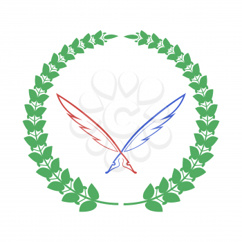 Red Blue Feathers and Green Laurel Icon Isolateed on White Background.