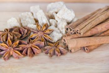 Photo of still life with anise, sugar and cinnamon