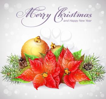 Royalty Free Clipart Image of a Merry Christmas Background With a Poinsettia