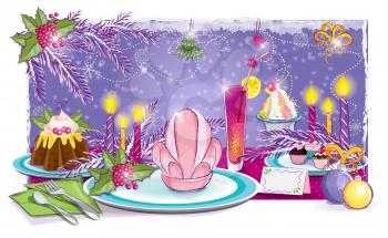 Royalty Free Clipart Image of a Festive Table Laden With Food