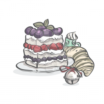 Royalty Free Clipart Image of Cake and Croissant and a Bell