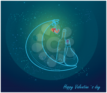 Royalty Free Clipart Image of a Valentine Card With a Crescent Moon, Hearts and Bottles