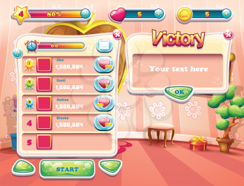 An example of one of the screens of the computer game with a loading background bedroom princess, user interface and various ellement. Set 3