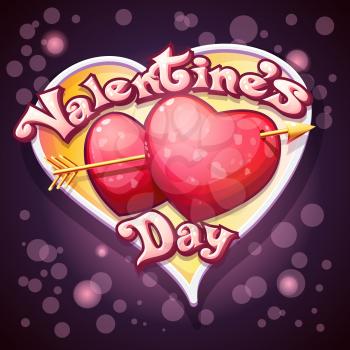 festive bright colorful vtctor illustration of a Happy Valentines Day. Pierced hearts on a purple background