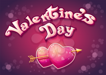 festive bright colorful vector illustration of a Happy Valentines Day. Pierced hearts on a purple background