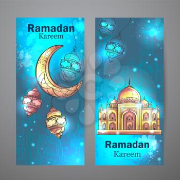 Colorful design is decorated with Mosque and crescent moon vertical banners on the creative background to celebrate the Islamic holiday of Ramadan Kareem