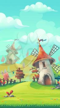 Cartoon stylized vector illustration on the theme of the European landscape with a windmill mobile format. For print, create videos or web graphic design, user interface, card, poster.