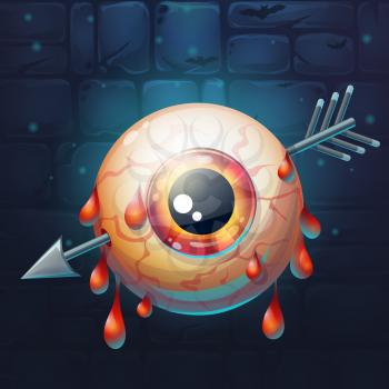 Cartoon funny vector illustration of  horrible bloody arrow pierced eyeball