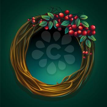 Vector cartoon illustration wreath of vines and leaves on a green background with ashberry