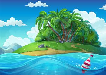 Float on the background of the island with palm trees in the sea under clouds. Marine life landscape - the ocean and the underwater