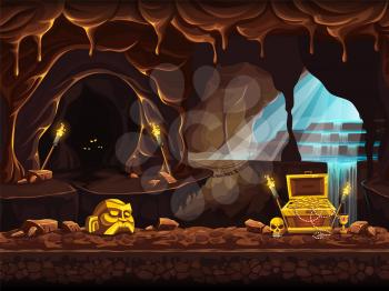 Vector cartoon illustration of the treasure cave with a waterfall and chest. Screen to the computer game Shadowy forest GUI. Background image to create buttons, banners, graphics.