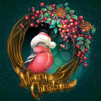 Vector cartoon illustration Merry Christmas wreath of vines and leaves on a green background with ash berry and bullfinch