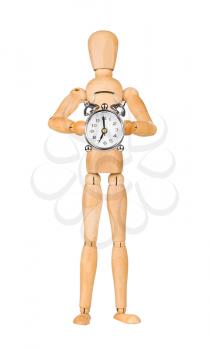 Wooden model dummy holding alarm-clock, isolated on white. Focus on clock.
