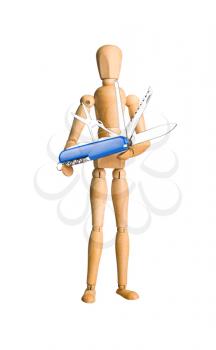 Wooden mannequin holding swiss knife isolated on white. Solution concept.