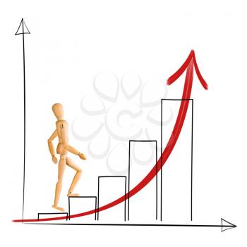 Wooden mannequin walking up chart columns. Career and business success concept.