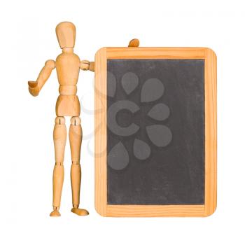 Wooden mannequin and chalkboard isolated on white