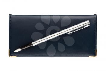 Organizer and fountain pen isolated on white. Top view. Agenda. Scheduling