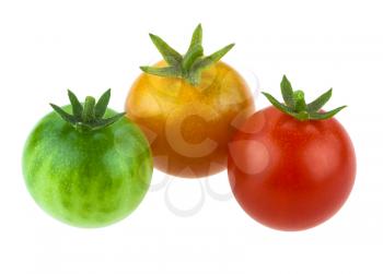 Cherry tomatoes tricolor. Red orange and green.