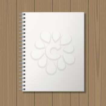 Notepad with spiral binding on wooden background. Blank template. Business identity mock up. Vector illustration.